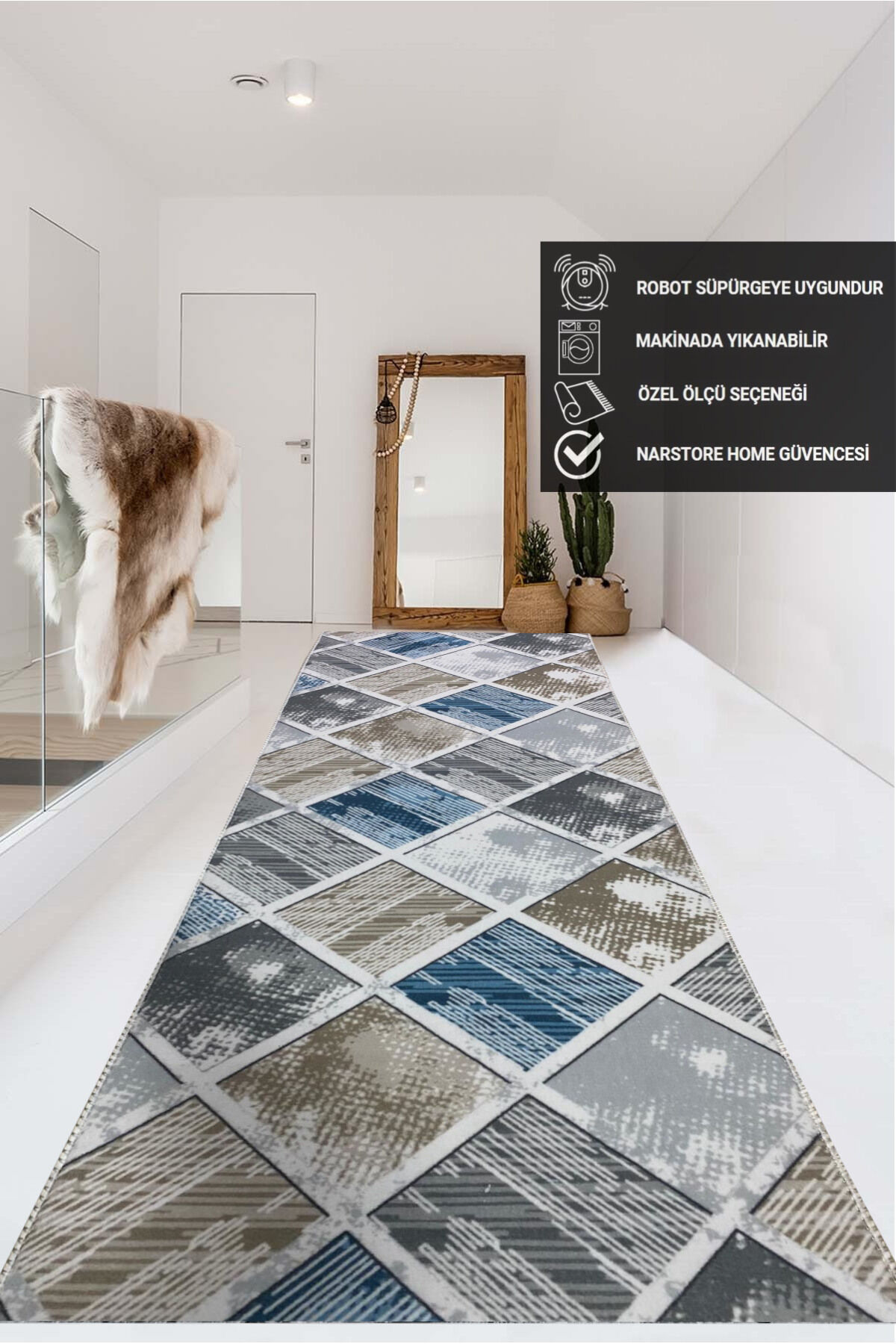 İskandinav Desen Gri Kaymaz Taban Yıkanabilir Kesme Yolluk Halı 80 x 750 - Mavi-Gri-Kahve