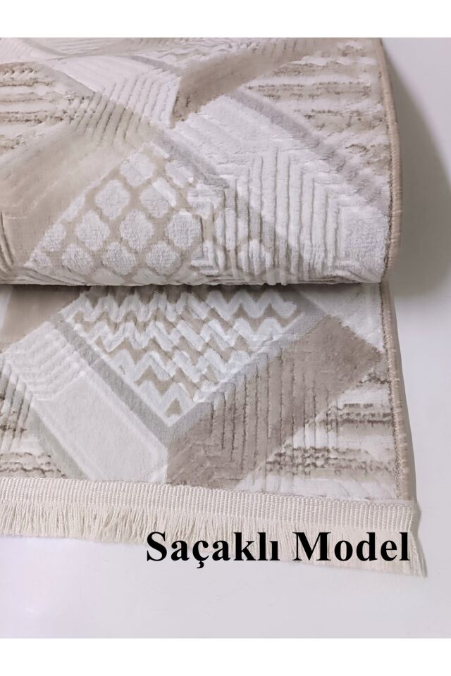 Dinar Motif Bej Kahverengi Kaymaz Taban Kesme Yolluk Halı Modern Desen 120 x 200 - BEJ