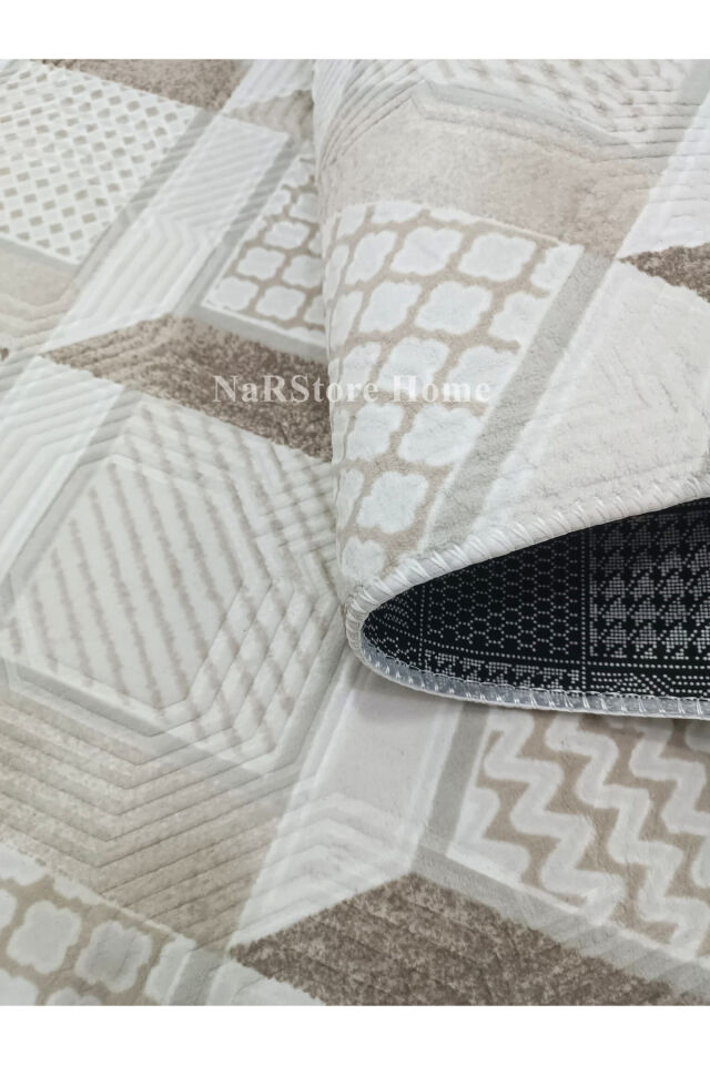 Dinar Motif Bej Kahverengi Kaymaz Taban Kesme Yolluk Halı Modern Desen 120 x 200 - BEJ
