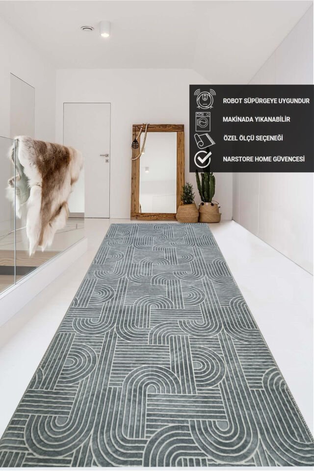 KAYMAZ TABAN SMART DİAMOND GRİ KABARTMALI  YIKANABİLİR KESME YOLLUK HALI 100 x 350