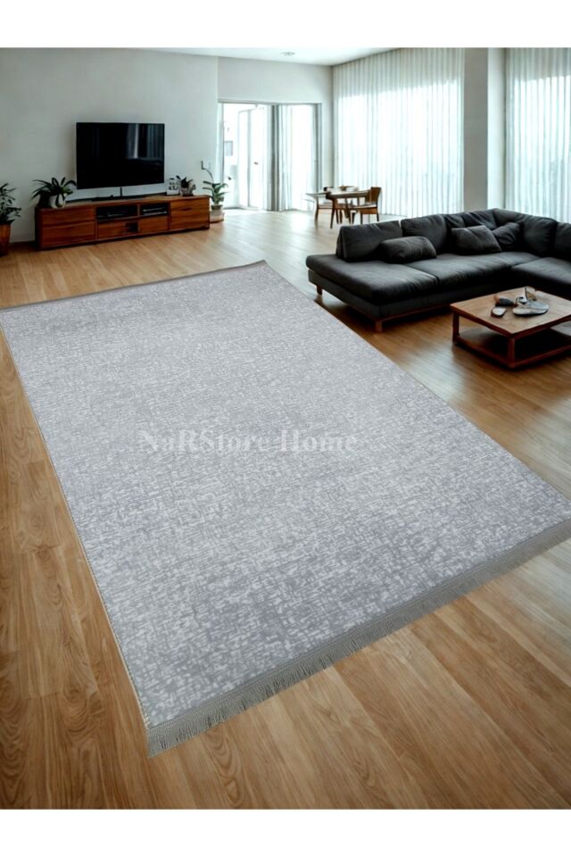 Düz Desen Gri Saçaklı Kaymaz Taban Kesme Yıkanabilir Halı Yolluk 150 x 230 - GRİ