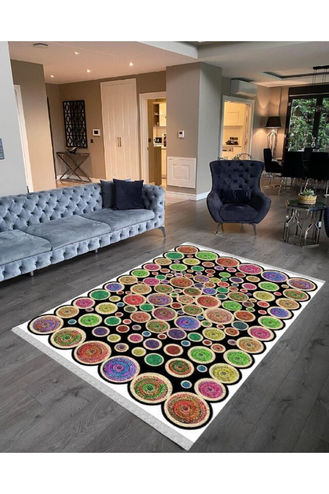 Jüt Desenli Renkli Pamuk Tabanlı Kaymaz Yıkanabilir Halı Kilim