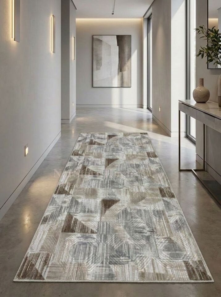 Dinar Gri Kahve Kaymaz Taban Yıkanabilir Kesme Yolluk Halı Modern Desen 100 x 230 - GRİ