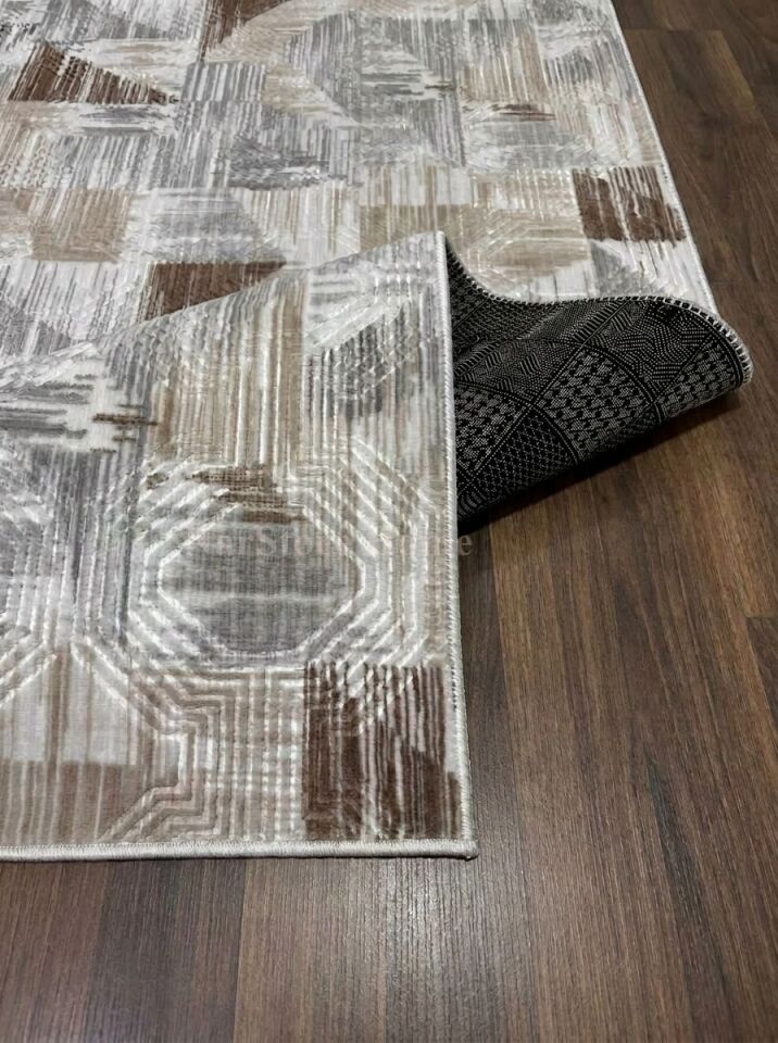 Dinar Gri Kahve Kaymaz Taban Yıkanabilir Kesme Yolluk Halı Modern Desen 120 x 150 - GRİ