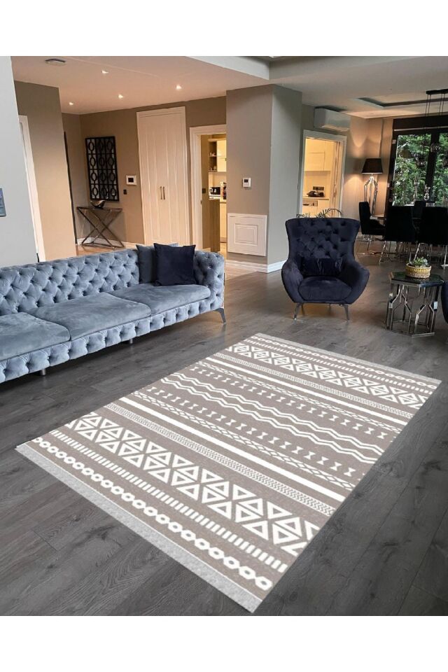 Decoser 2037 Bej Iskandinav Desen Pamuk Tabanlı Kaymaz Yıkanabilir Halı Kilim