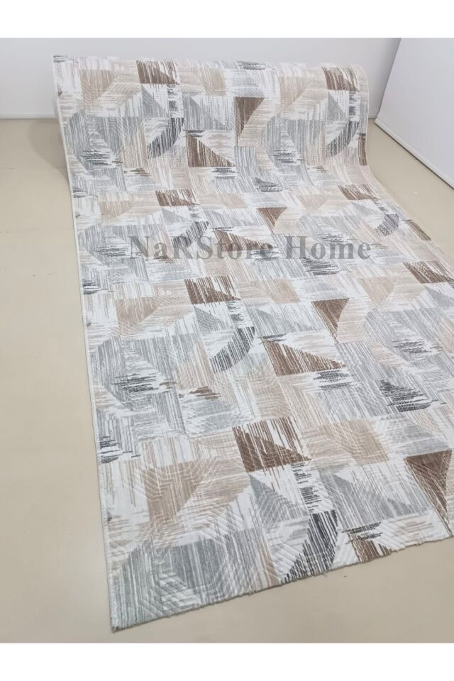 Dinar Saçaklı Gri Kahve Kaymaz Taban Yıkanabilir Kesme Yolluk Halı Modern Desen Gri - 120 X 650