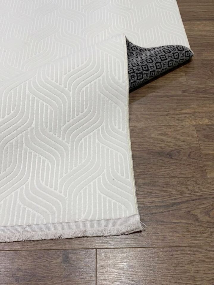 Elit Kabartmalı Krem Saçaklı Yıkanabilir Kaymaz Taban Kesme Yolluk Salon Mutfak Oturma Odası Halı 100 x 750 - Krem