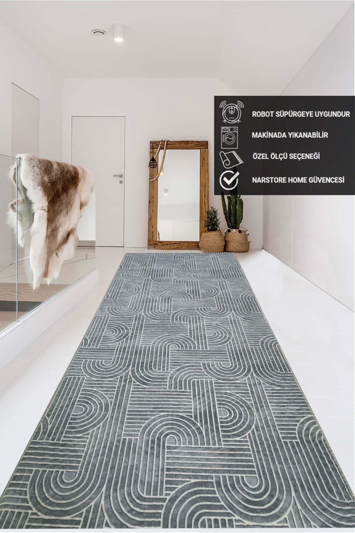 KAYMAZ TABAN SMART DİAMOND GRİ KABARTMALI  YIKANABİLİR KESME YOLLUK HALI 100 x 100 - ANTRASİT