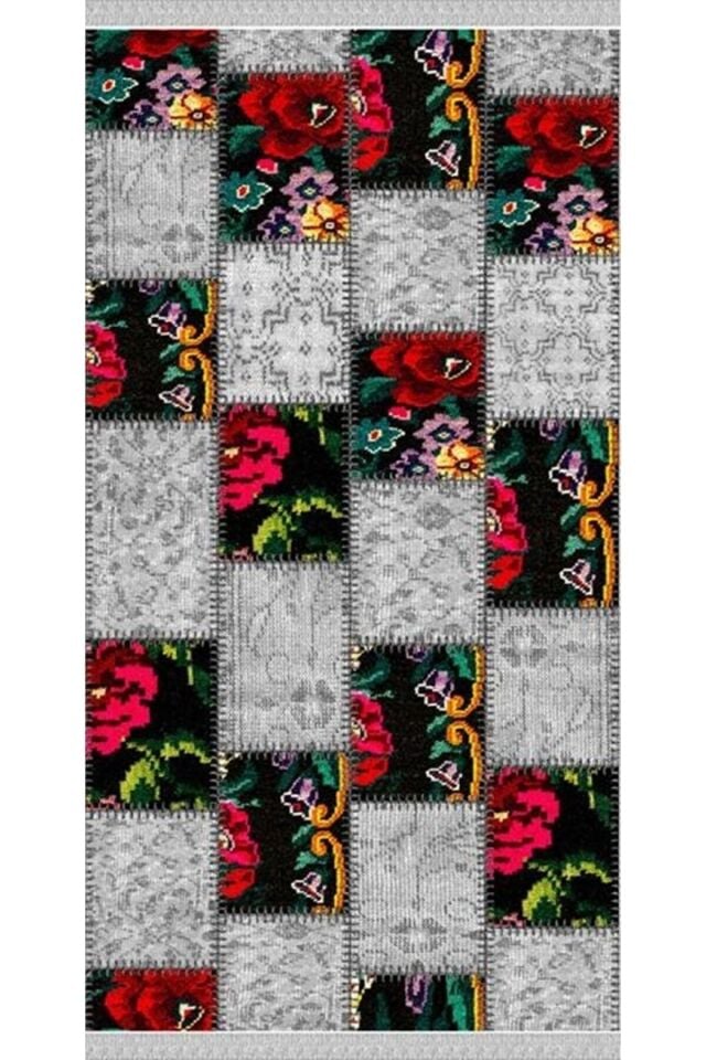 Decoser 2054 Patchwork Gri Renk Pamuk Tabanlı Kaymaz Yıkanabilir Halı Kilim