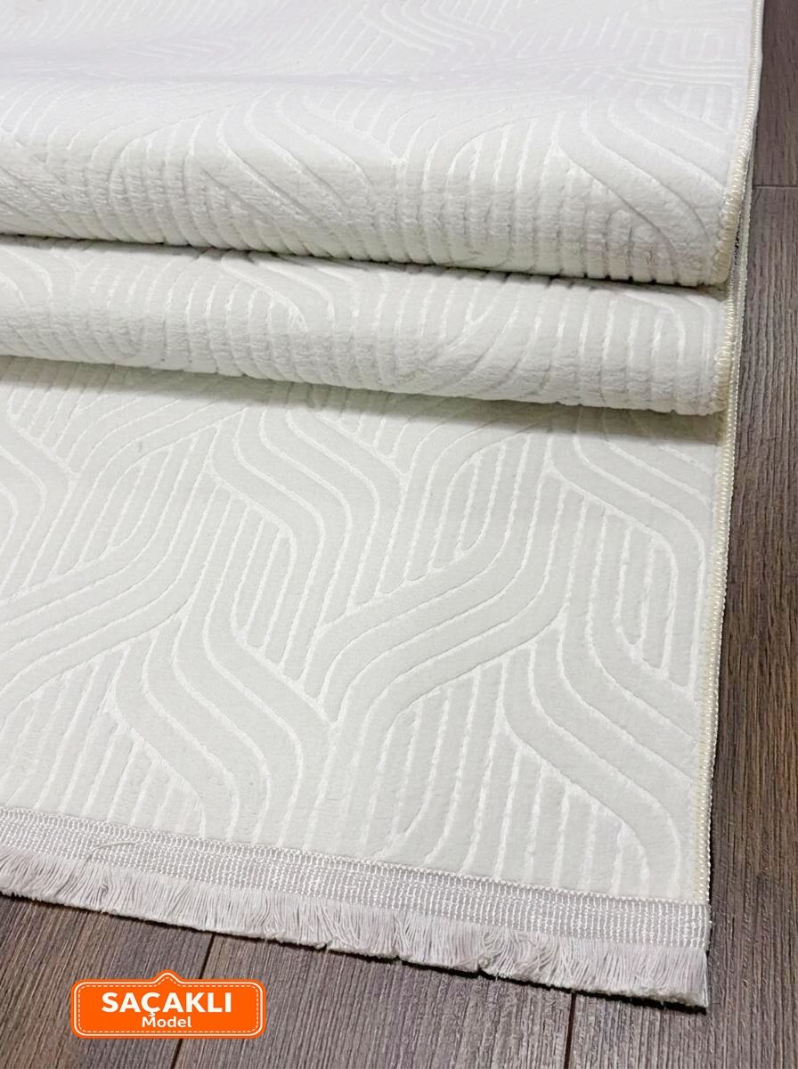 Elit Kabartmalı Krem Saçaklı Yıkanabilir Kaymaz Taban Kesme Yolluk Salon Mutfak Oturma Odası Halı 120 x 550 - Krem