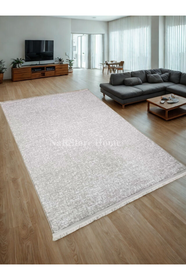 Düz Desen Gri Saçaklı Kaymaz Taban Kesme Yıkanabilir Halı Yolluk BEJ - 200 x 400