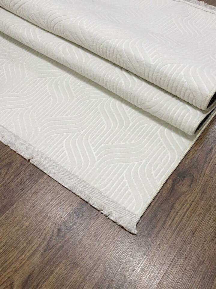 Elit Kabartmalı Krem Saçaklı Yıkanabilir Kaymaz Taban Kesme Yolluk Salon Mutfak Oturma Odası Halı 120 x 750 - Krem