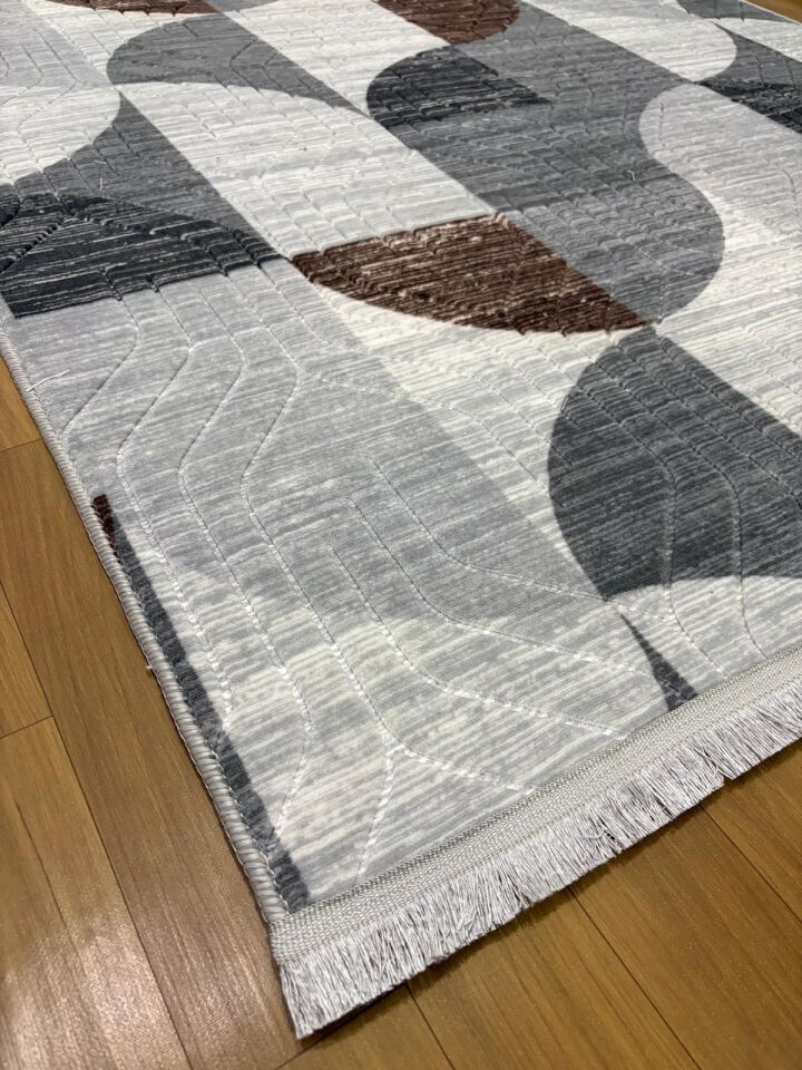 Kaymaz Taban Saçaklı Gri Kahve Modern Yıkanabilir Salon Mutfak Koridor Yolluk Halı 120 x 180
