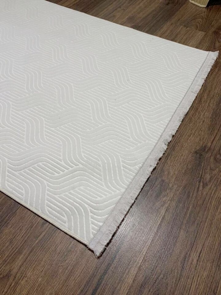 Elit Kabartmalı Krem Saçaklı Yıkanabilir Kaymaz Taban Kesme Yolluk Salon Mutfak Oturma Odası Halı 150 x 700 - Krem