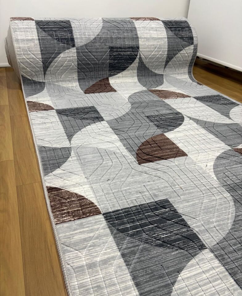 Kaymaz Taban Saçaklı Gri Kahve Modern Yıkanabilir Salon Mutfak Koridor Yolluk Halı 120 x 700