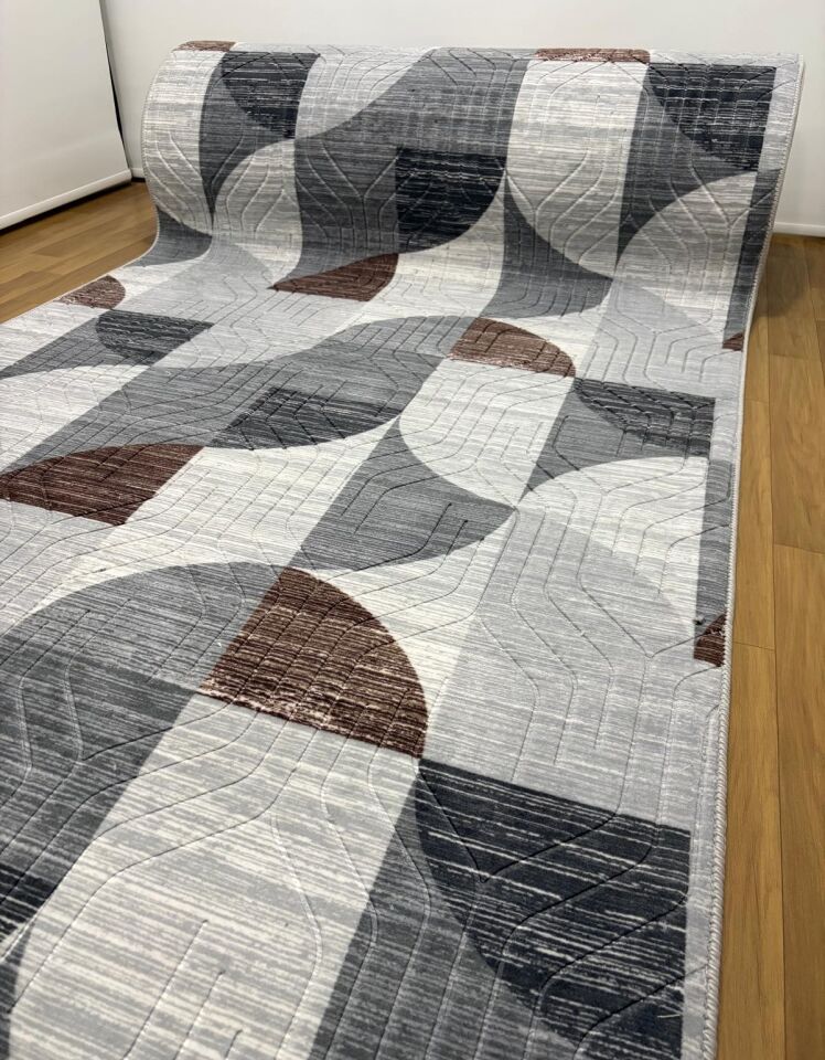 Kaymaz Taban Saçaklı Gri Kahve Modern Yıkanabilir Salon Mutfak Koridor Yolluk Halı 120 x 700