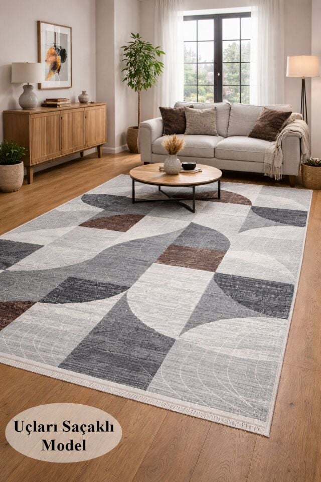 Kaymaz Taban Saçaklı Gri Kahve Modern Yıkanabilir Salon Mutfak Koridor Yolluk Halı 120 x 900