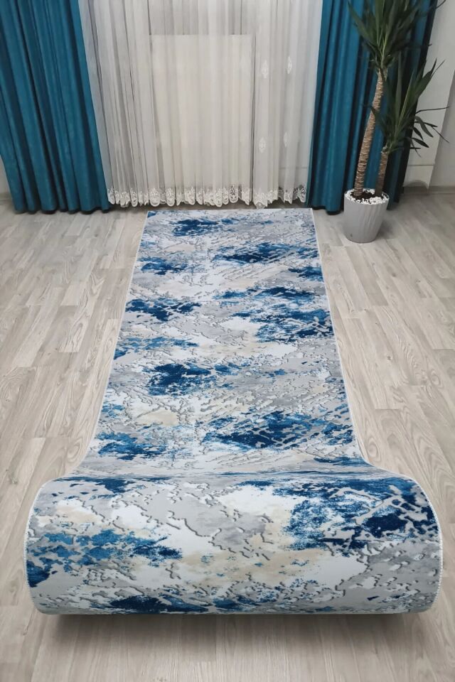Kahve Gri Kaymaz Taban Yıkanabilir Kesme Yolluk Salon Mutfak Oturma Odası Halı Mavi̇ - 80 X 750