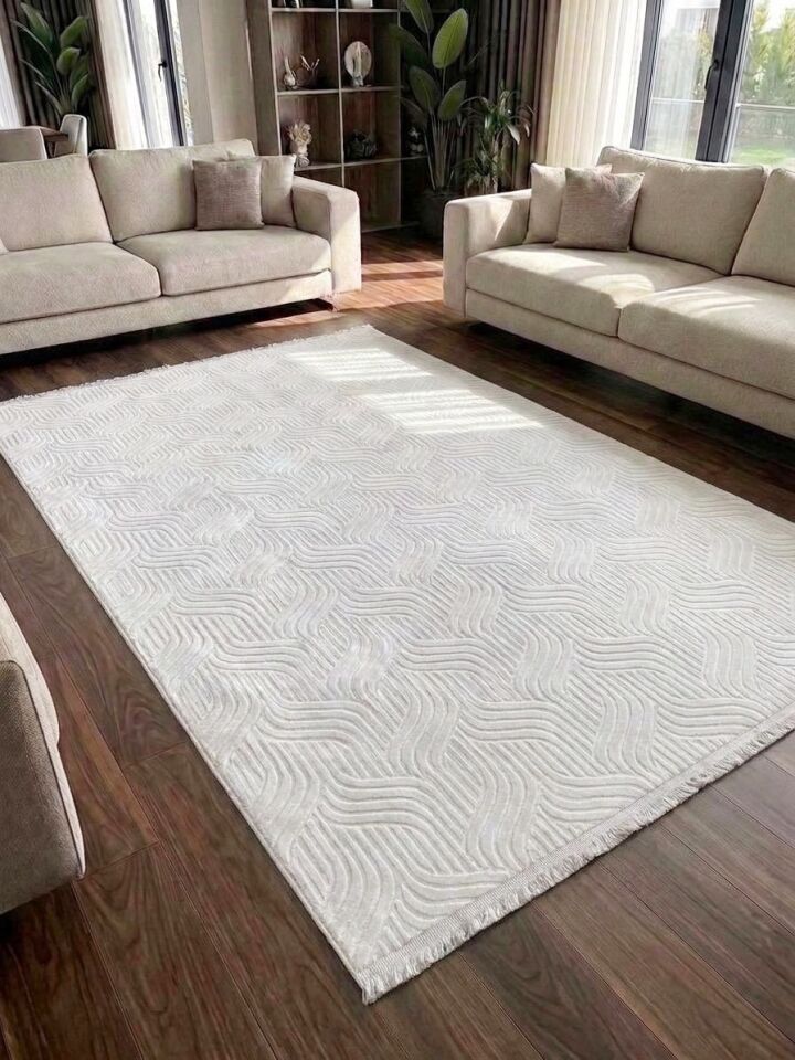 Elit Kabartmalı Krem Saçaklı Yıkanabilir Kaymaz Taban Kesme Yolluk Salon Mutfak Oturma Odası Halı 200 x 600 - Krem