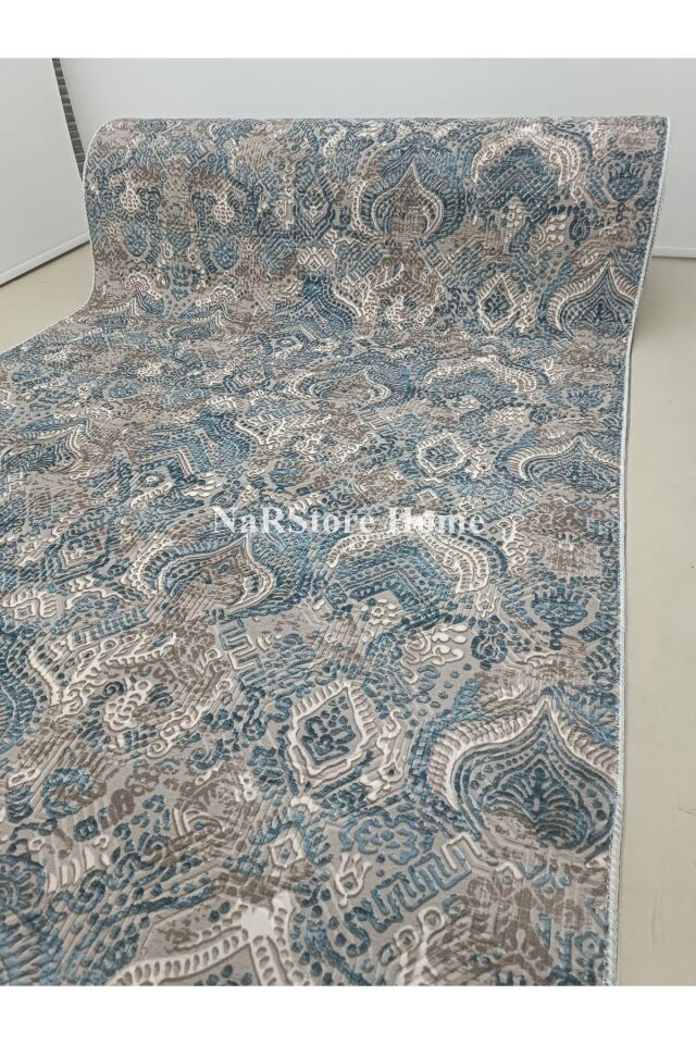 Dinar Saçaklı Diana Mavi Bej Kaymaz Taban Kesme Yolluk Halı Modern Desen 100 x 250 - MAVİ