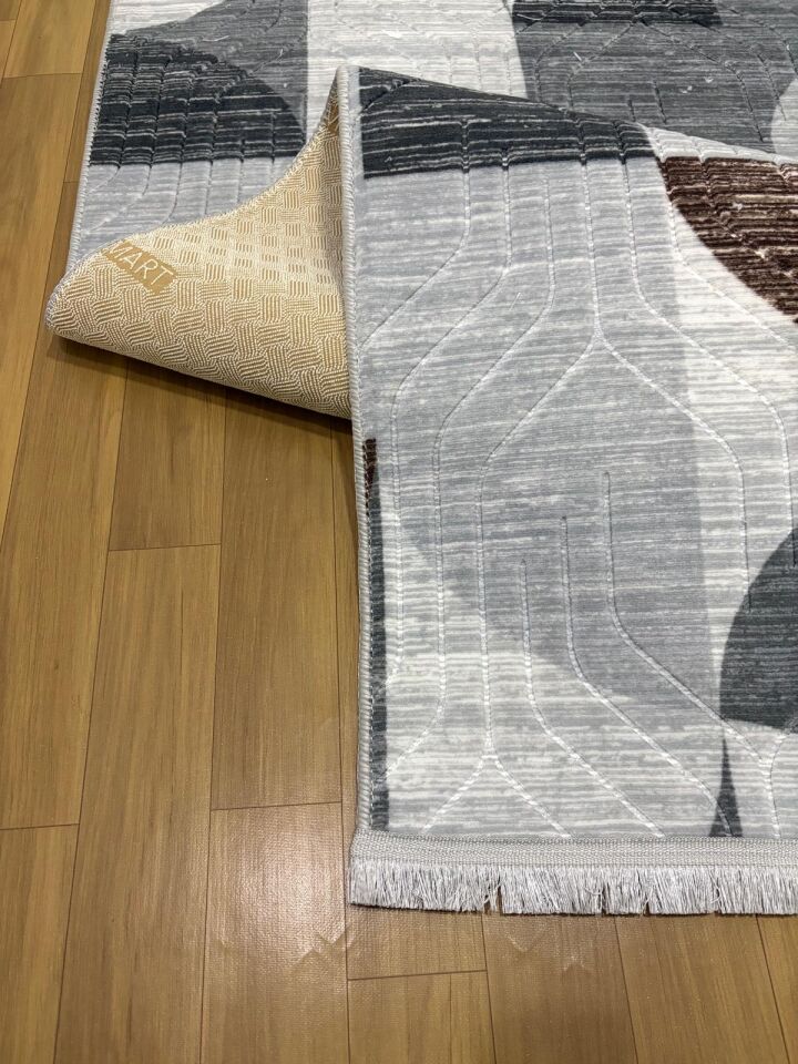 Kaymaz Taban Saçaklı Gri Kahve Modern Yıkanabilir Salon Mutfak Koridor Yolluk Halı 200 x 400