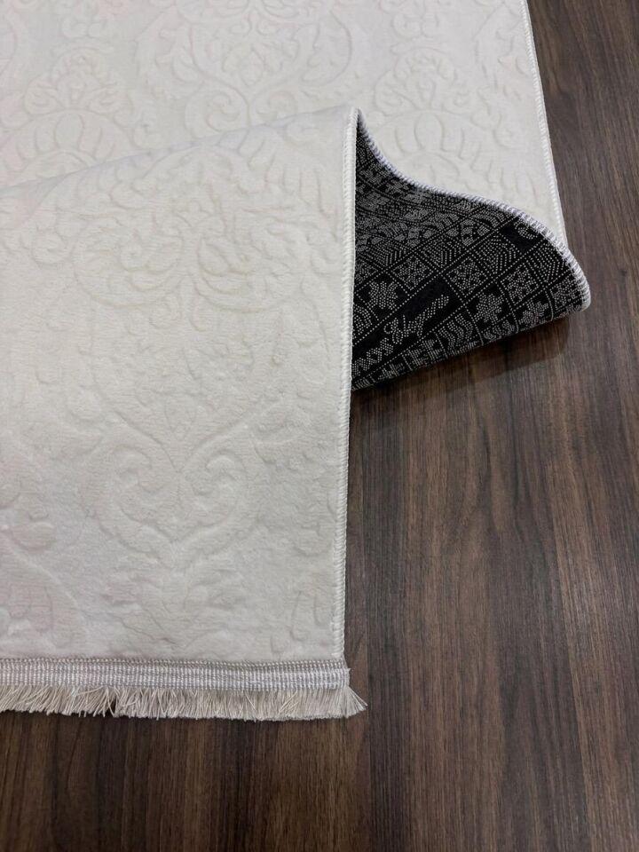 Rölyef Saçaklı Krem Joy Modern Yumuşak Dokulu Kabartmalı Kaymaz Taban Kesme Halı Yolluk