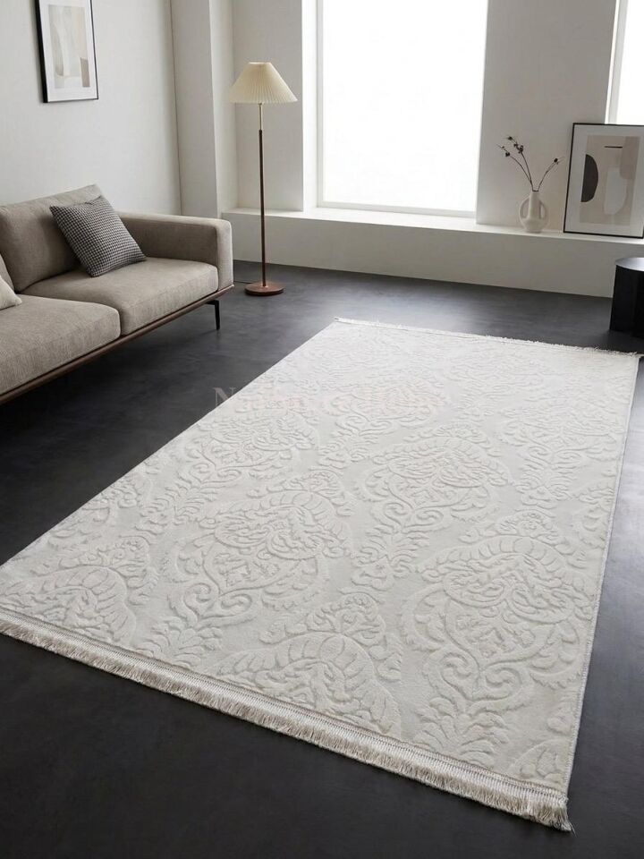Rölyef Saçaklı Krem Joy Modern Yumuşak Dokulu Kabartmalı Kaymaz Taban Kesme Halı Yolluk