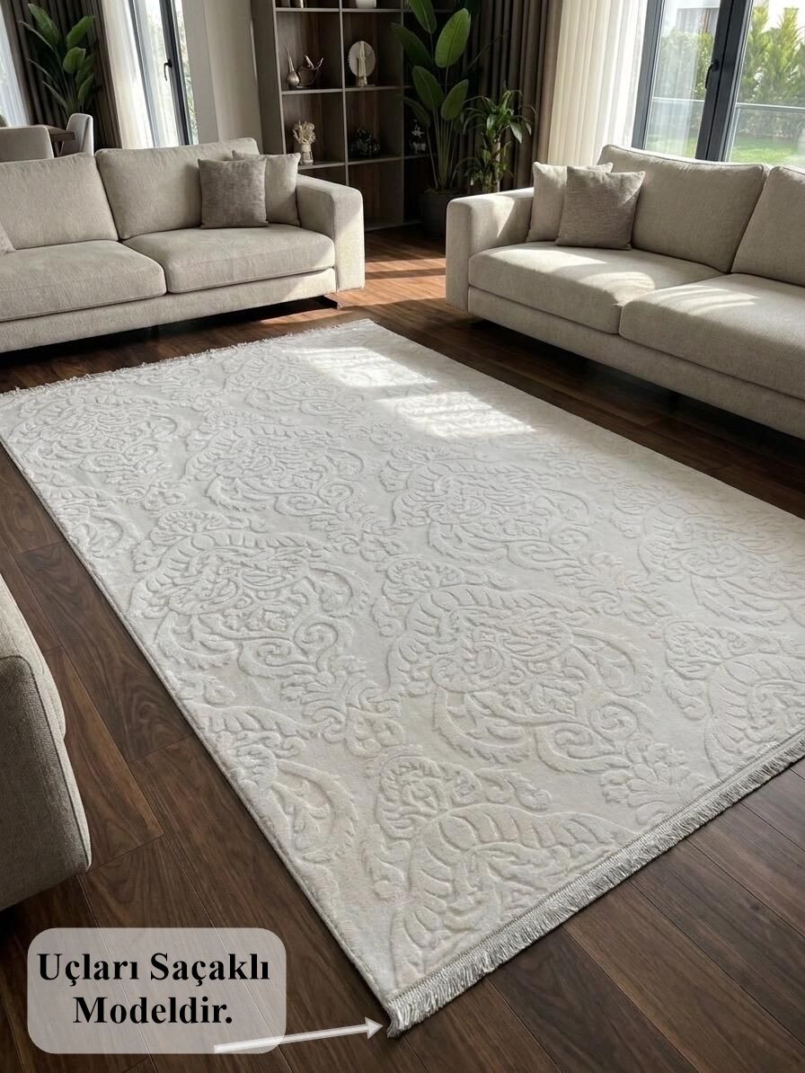 Rölyef Saçaklı Krem Joy Modern Yumuşak Dokulu Kabartmalı Kaymaz Taban Kesme Halı Yolluk