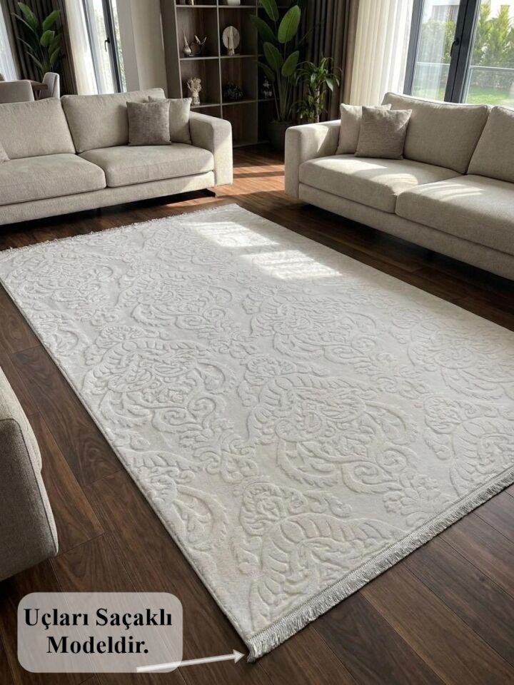 Rölyef Saçaklı Krem Joy Modern Yumuşak Dokulu Kabartmalı Kaymaz Taban Kesme Halı Yolluk