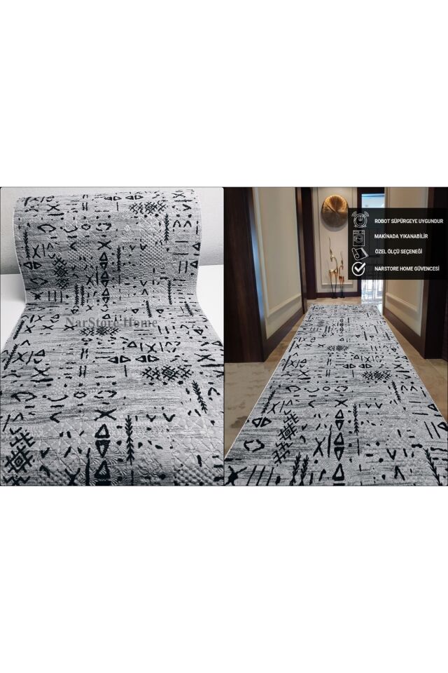 ELİT KABARTMALI KREM BEJ YIKANABİLİR KAYMAZ TABAN KESME YOLLUK HALI Gri̇-Si̇yah - 100 X 750