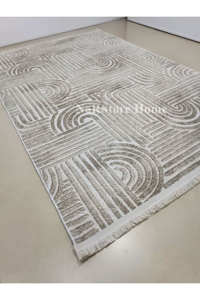 ELİT OSSO GRİ BEYAZ SAÇAKLI KABARTMALI KAYMAZ TABAN YIKANABİLİR KESME YOLLUK HALI 120 x 250 - Krem