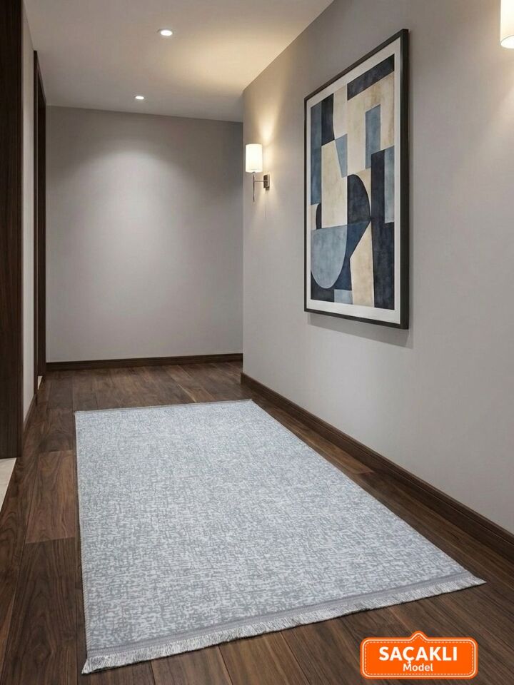 Düz Desen Gri Saçaklı Yıkanabilir Kaymaz Taban Kesme Halı Yolluk 150 x 800 - Açık Gri