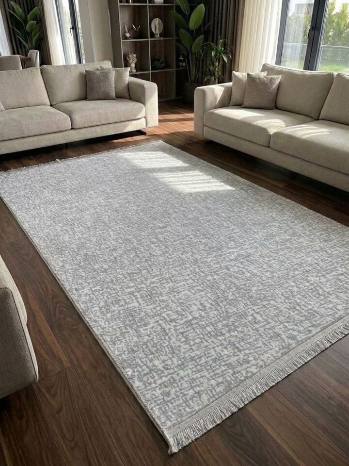 Düz Desen Gri Saçaklı Yıkanabilir Kaymaz Taban Kesme Halı Yolluk 150 x 800 - Açık Gri