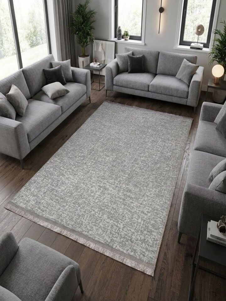 Düz Desen Gri Saçaklı Yıkanabilir Kaymaz Taban Kesme Halı Yolluk 150 x 800 - Açık Gri