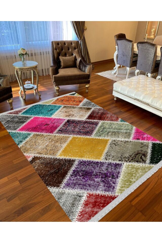 Decoser Nova 4012 Renkli Patchwork Kaymaz Yıkanabilir Kilim