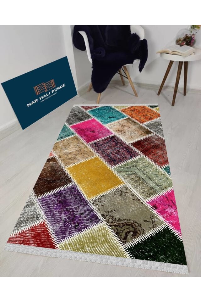 Decoser Nova 4012 Renkli Patchwork Kaymaz Yıkanabilir Kilim