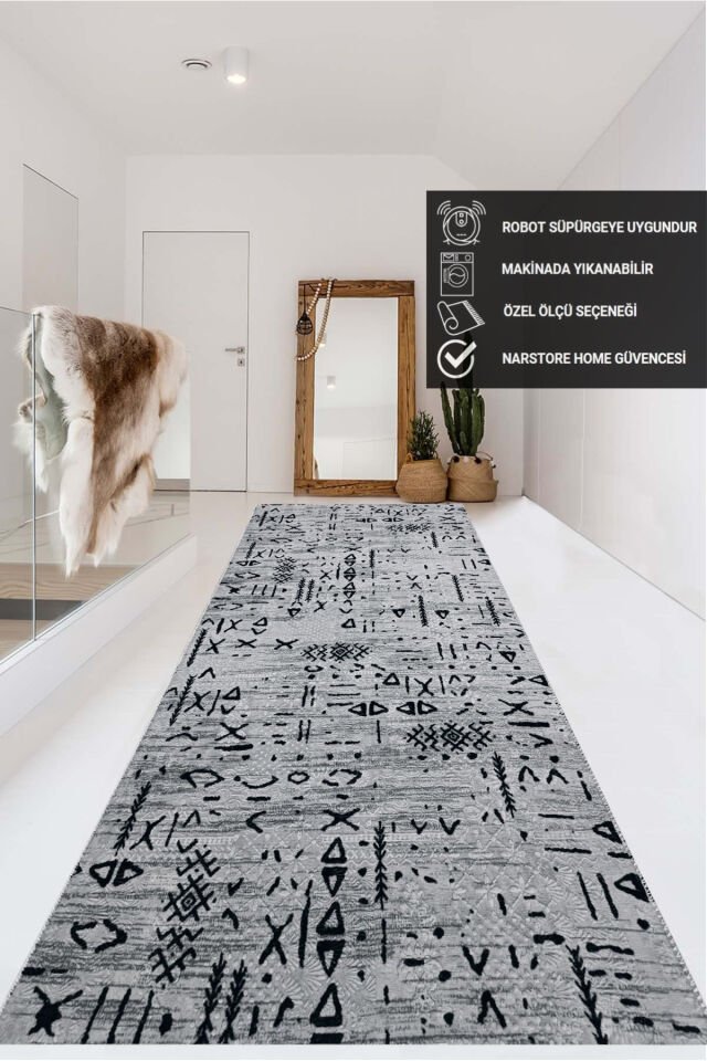 ELİT KABARTMALI KREM BEJ YIKANABİLİR KAYMAZ TABAN KESME YOLLUK HALI Gri̇-Si̇yah - 100 X 480