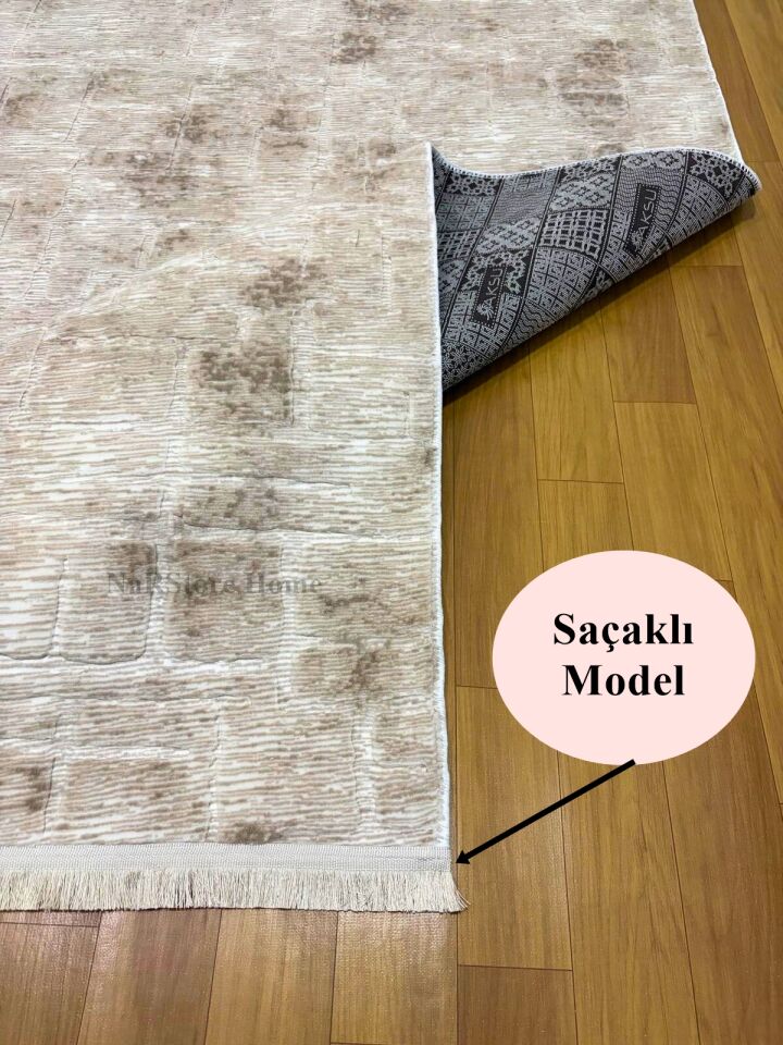 Aksu Saçaklı Stan Kaymaz Tabanlı Kesme Kabartmalı Salon Koridor Mutfak Yıkanabilir Hali bej