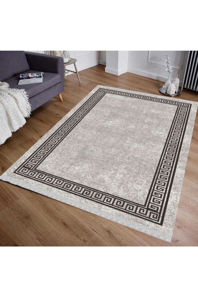 Yıkanabilir Gri Siyah Çerçeveli Kilim