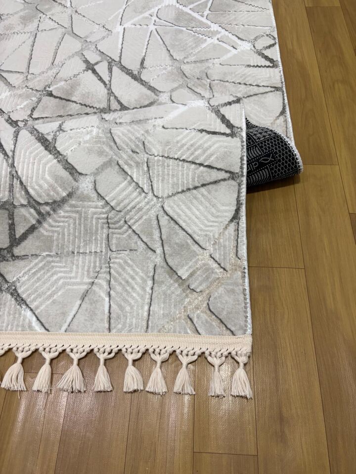 Dinar Mila Taş Gri Pon Pon Örgü Saçaklı Yıkanabilir Kaymaz Yolluk Halı Modern Desen 40 x 60 - GRİ