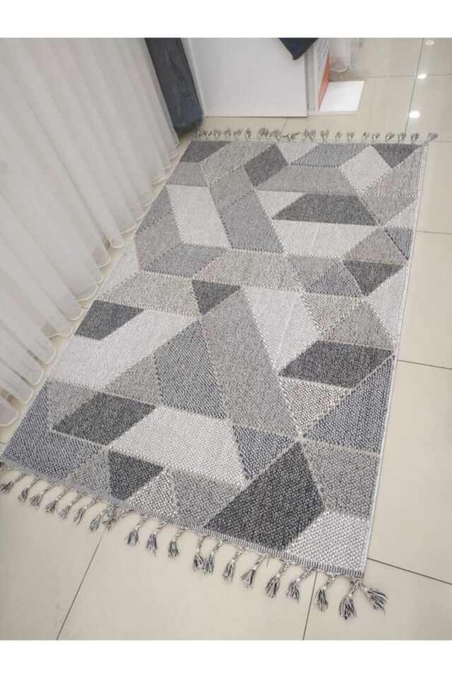 Gri Mavi Geometrik Desenli Halı