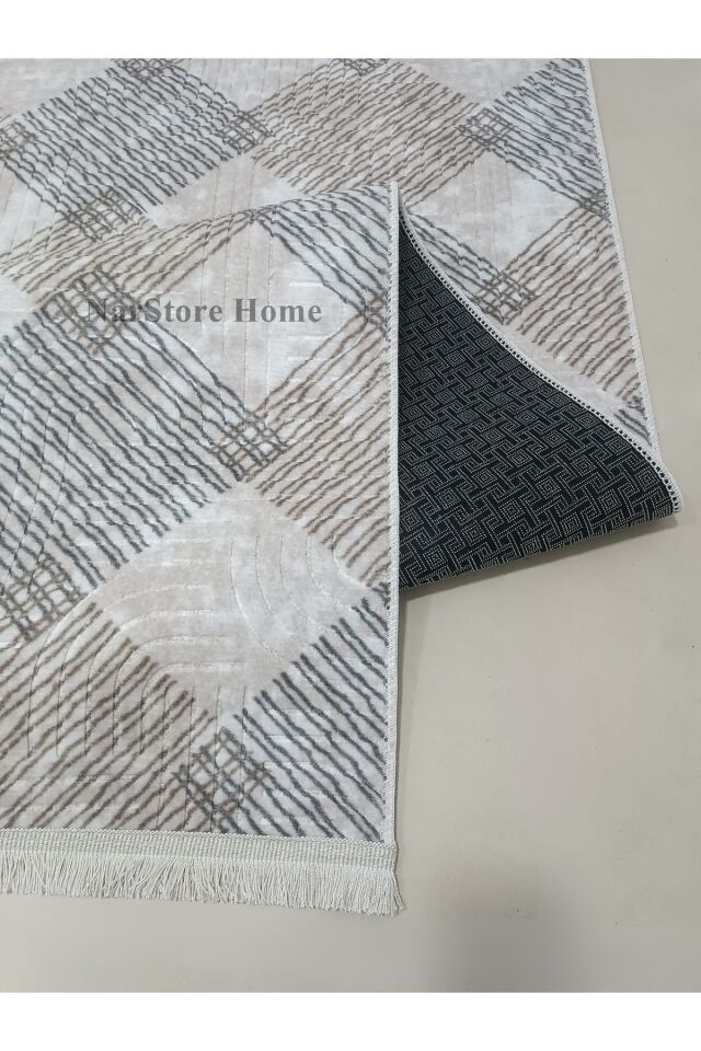 Krem Kahverengi Saçaklı Modern Kaymaz Taban Yıkanabilir Kesme Yolluk Halı 100 x 300 - KAHVERENGİ