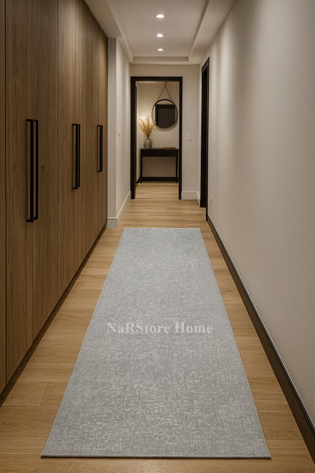 Düz Desen Gri Kaymaz Taban Kesme Yıkanabilir Halı Yolluk