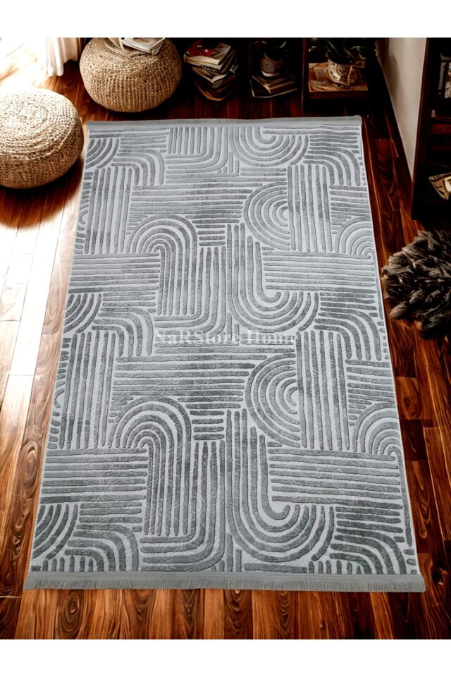 ELİT OSSO GRİ BEYAZ SAÇAKLI KABARTMALI KAYMAZ TABAN YIKANABİLİR KESME YOLLUK HALI 150 x 400 - GRİ