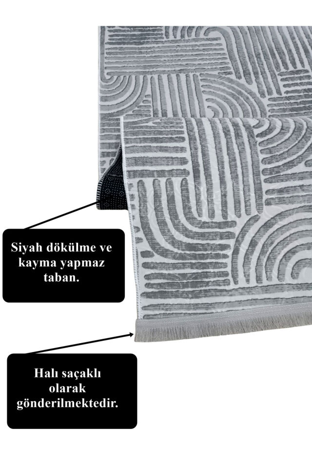 ELİT OSSO GRİ BEYAZ SAÇAKLI KABARTMALI KAYMAZ TABAN YIKANABİLİR KESME YOLLUK HALI 150 x 400 - GRİ