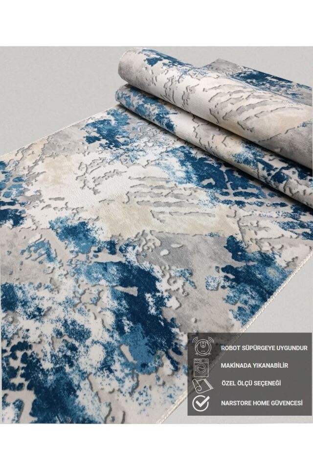 Kahve Gri Kaymaz Taban Yıkanabilir Kesme Yolluk Salon Mutfak Oturma Odası Halı Mavi̇ - 100 X 440