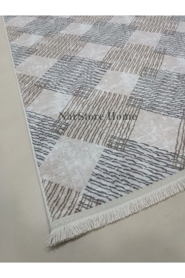Krem Kahverengi Saçaklı Modern Kaymaz Taban Yıkanabilir Kesme Yolluk Halı 200 x 250 - KAHVERENGİ