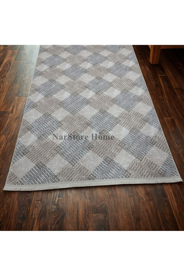Krem Kahverengi Saçaklı Modern Kaymaz Taban Yıkanabilir Kesme Yolluk Halı 200 x 250 - KAHVERENGİ