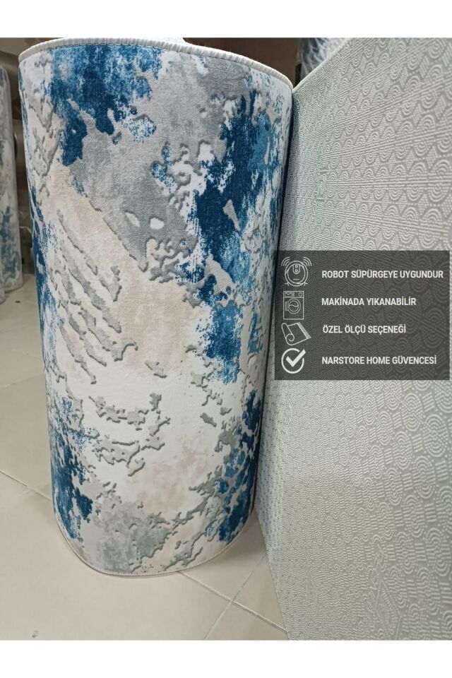Kahve Gri Kaymaz Taban Yıkanabilir Kesme Yolluk Salon Mutfak Oturma Odası Halı Mavi̇ - 100 X 320