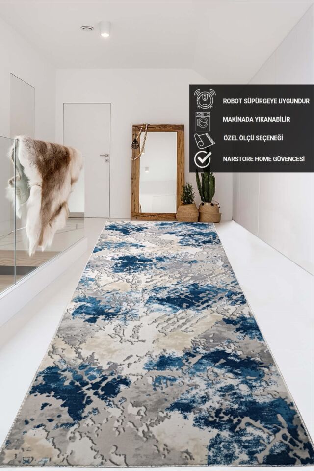 Kahve Gri Kaymaz Taban Yıkanabilir Kesme Yolluk Salon Mutfak Oturma Odası Halı Mavi̇ - 80 X 180
